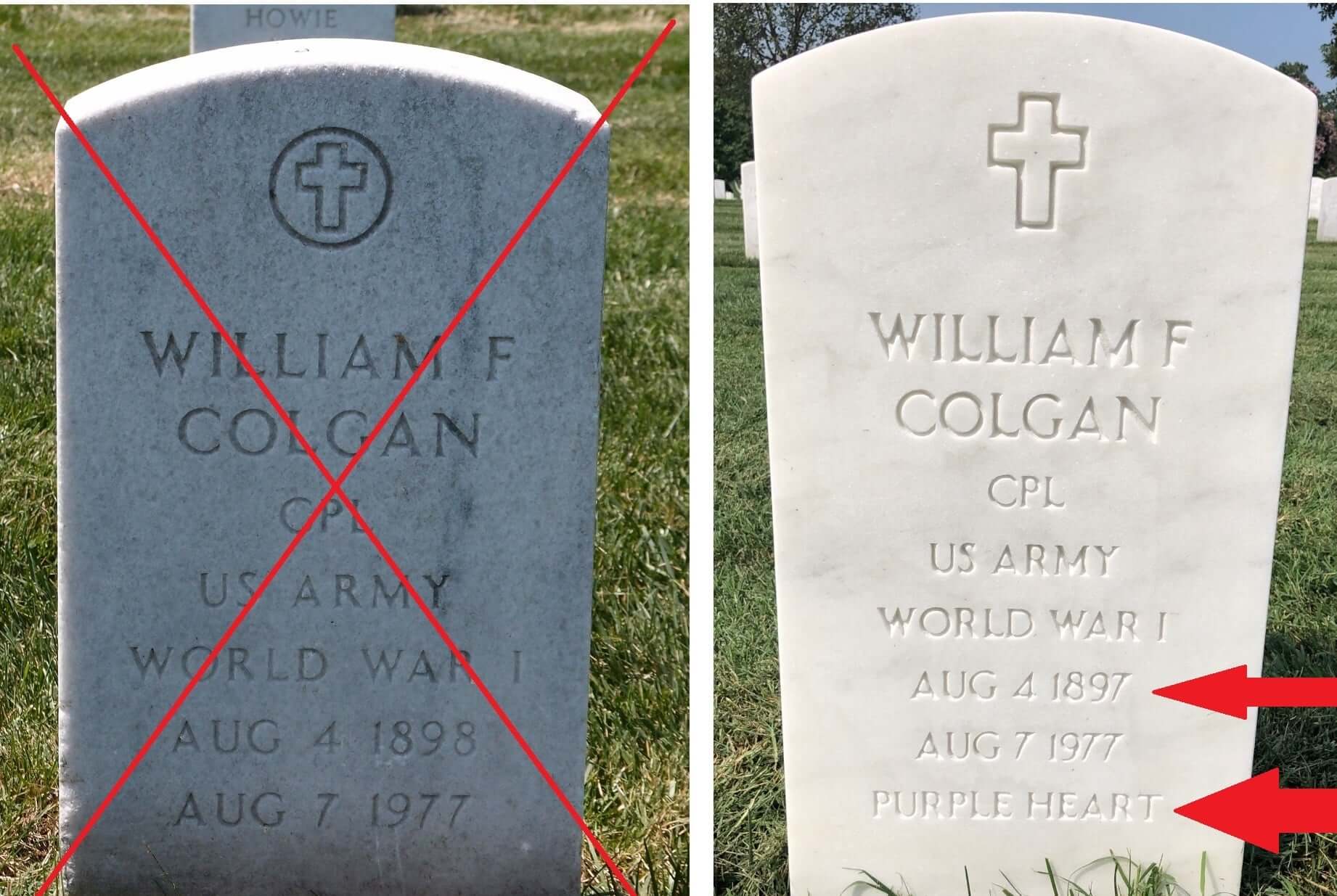 Headstone of CPL William Colgan, which I had corrected and replaced at Arlington National Cemetery